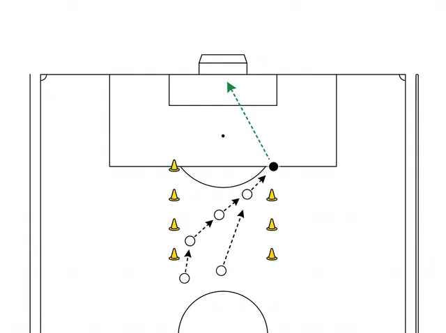 Diagrama táctico de velocidad de reacción: fila de conos y vallas con flechas de sprint